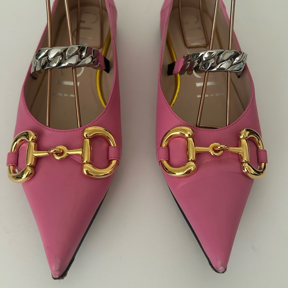 Gucci Nappa Lumiere Pink Leather Point Toe Horsebit Silver Chain Ballet Flats 36 - Picture 4 of 10